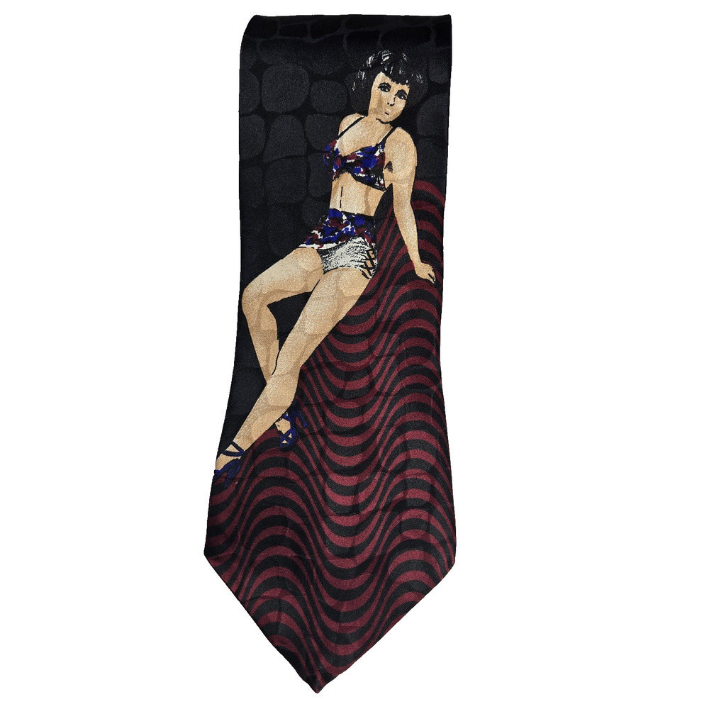 Casa America Mens Silk Tie Pin Up Girl Art Black Wavy Line Novelty Vintage NWT